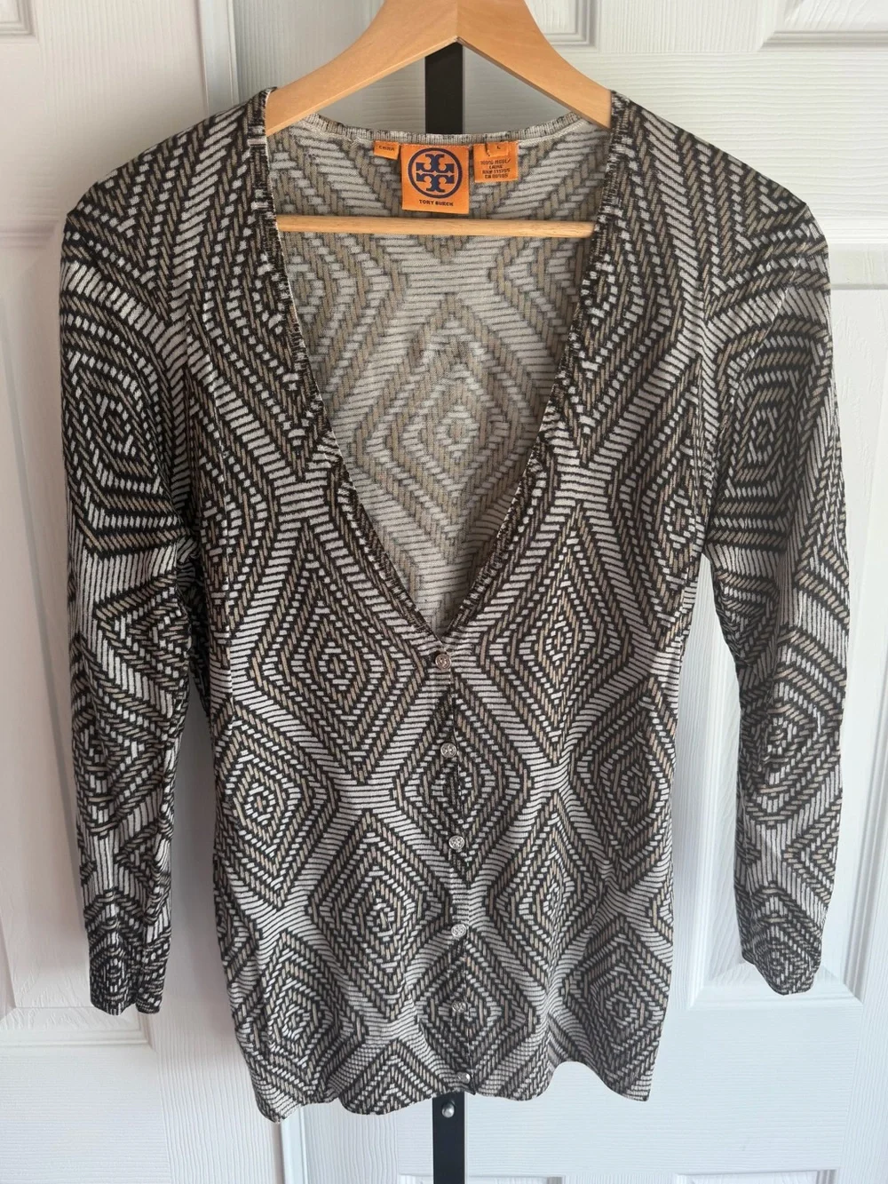 Tory Burch Button Up Cardigan Women’s Geometric  Sleeve Stretch 100% Wool Size:L